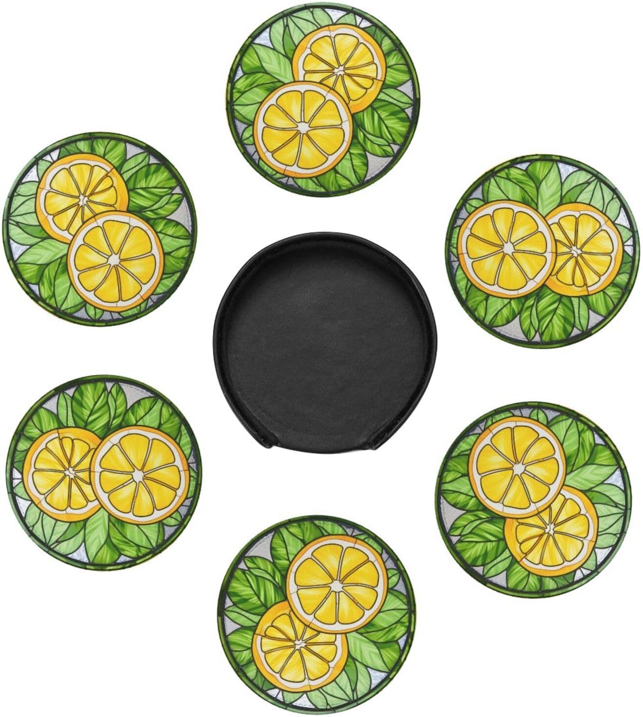Lemon Coasters for Drinks - Leather Cup Set of 6 With Holder for Coffee Table, Wooden Table - Bar Decor Housewarming Gifts