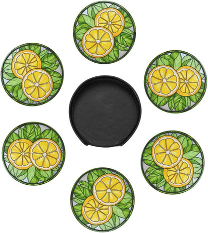 Lemon Coasters for Drinks - Leather Cup Set of 6 With Holder for Coffee Table, Wooden Table - Bar Decor Housewarming Gifts
