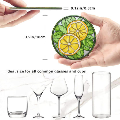 Lemon Coasters for Drinks - Leather Cup Set of 6 With Holder for Coffee Table, Wooden Table - Bar Decor Housewarming Gifts