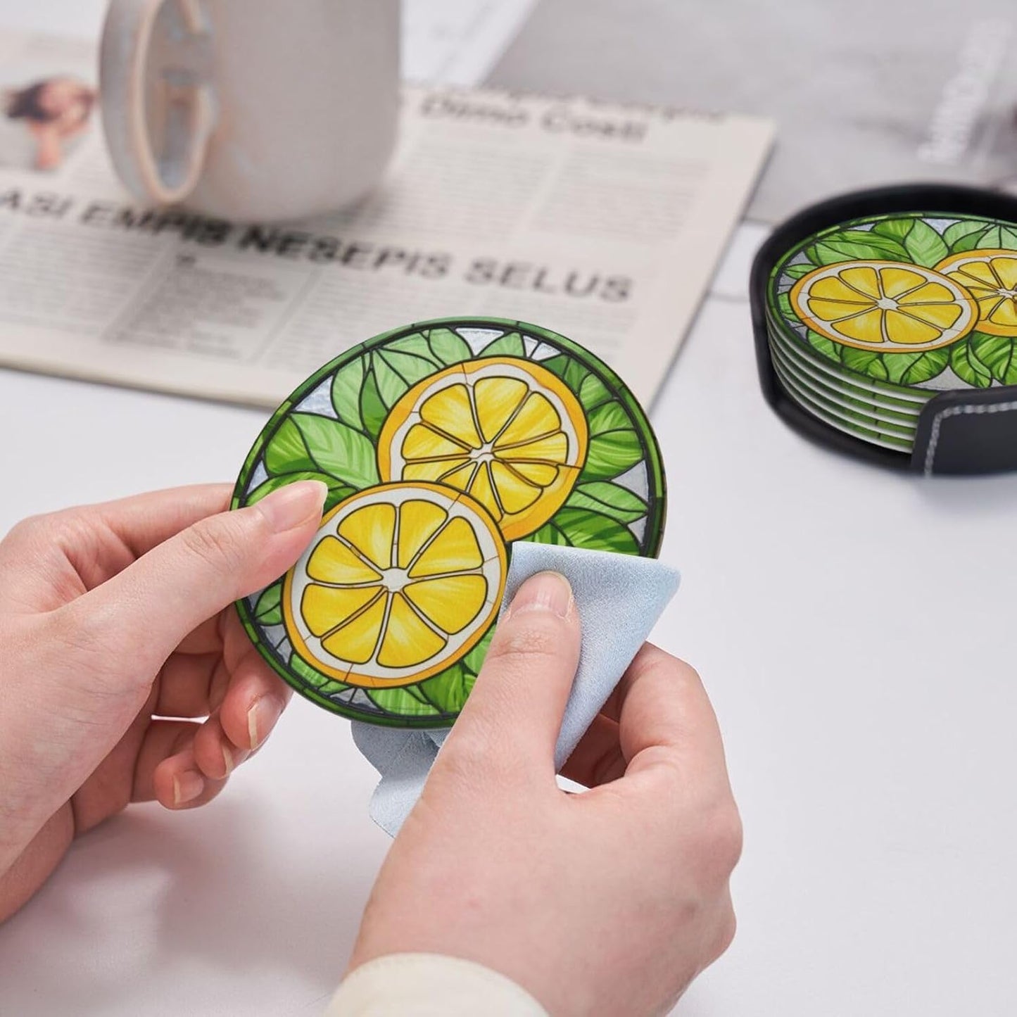 Lemon Coasters for Drinks - Leather Cup Set of 6 With Holder for Coffee Table, Wooden Table - Bar Decor Housewarming Gifts