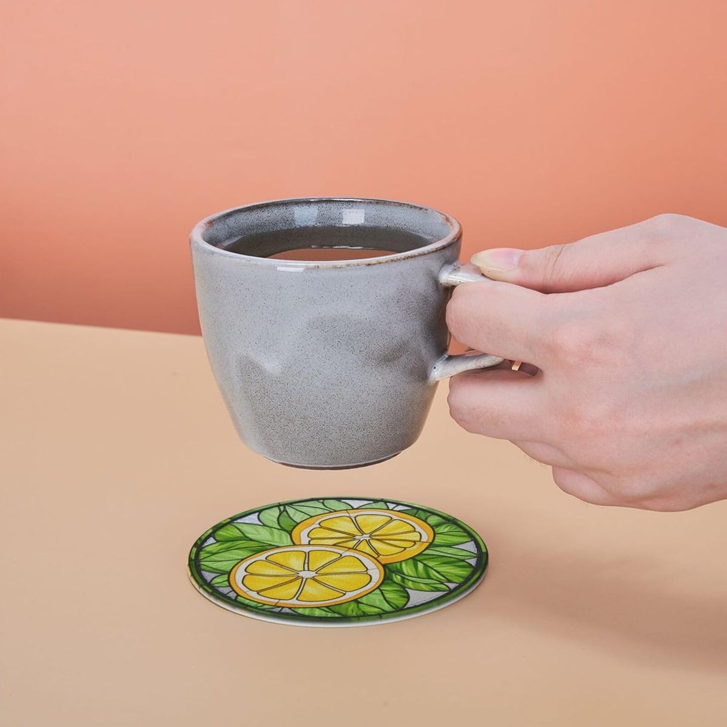 Lemon Coasters for Drinks - Leather Cup Set of 6 With Holder for Coffee Table, Wooden Table - Bar Decor Housewarming Gifts