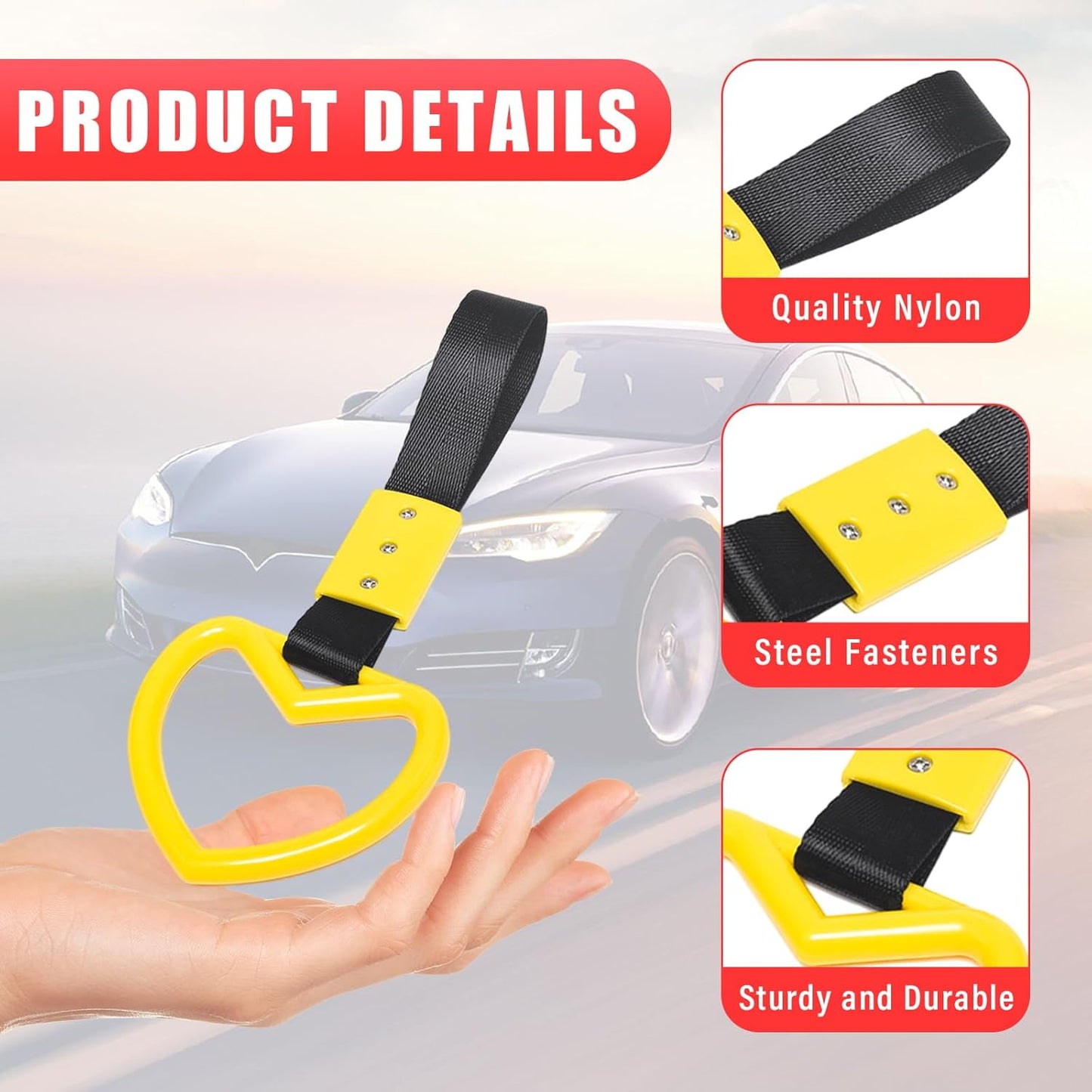 2PCS Ring Heart Shaped Car Hand Straps, Cute Rear Bumper Warning Rings Drift, Warning Loops for Car Interior Decor (Yellow & Black)