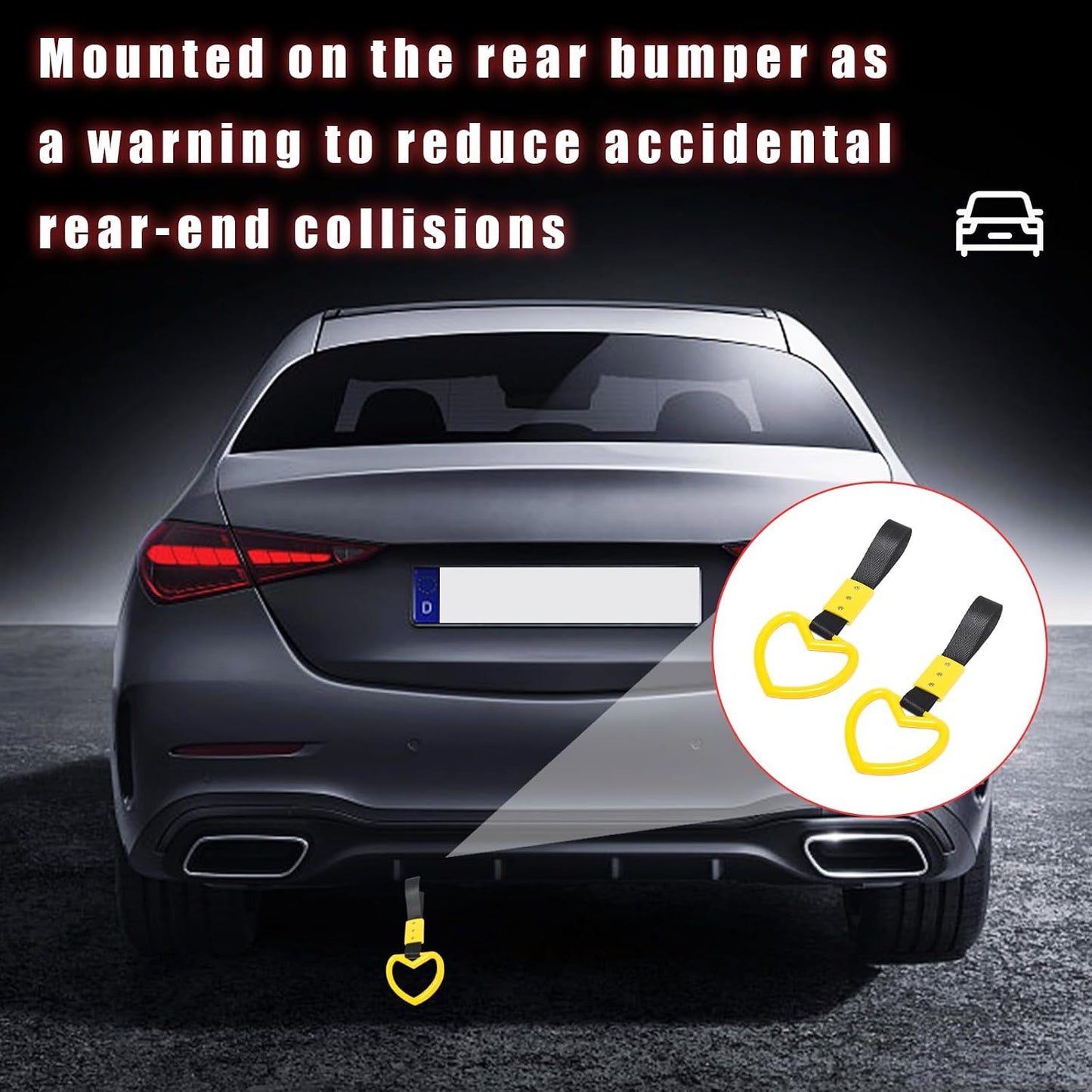 2PCS Ring Heart Shaped Car Hand Straps, Cute Rear Bumper Warning Rings Drift, Warning Loops for Car Interior Decor (Yellow & Black)