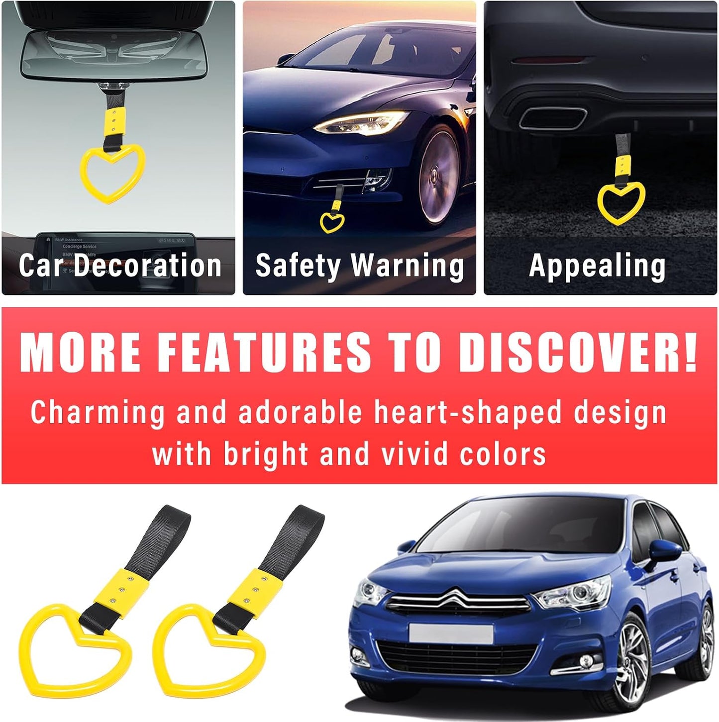 2PCS Ring Heart Shaped Car Hand Straps, Cute Rear Bumper Warning Rings Drift, Warning Loops for Car Interior Decor (Yellow & Black)