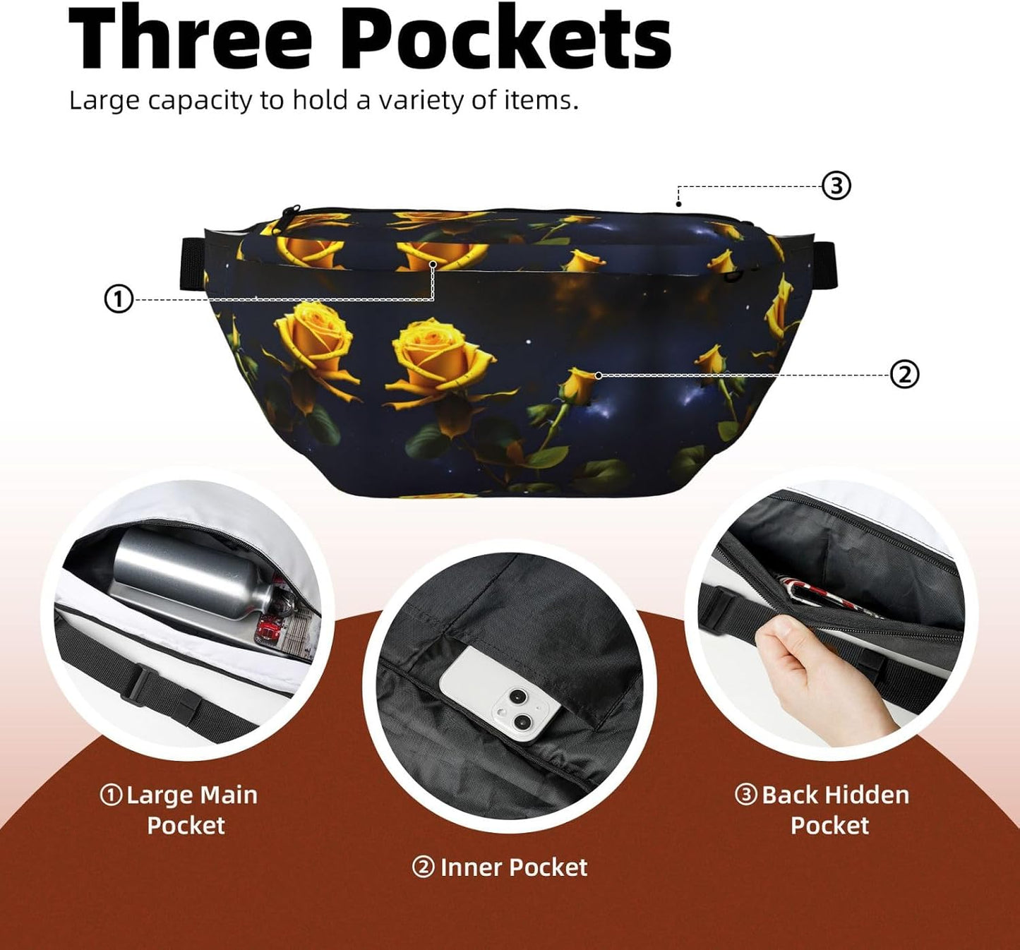 Yellow Roses Starry Night Running Waist Pack-No-Bounce Phone Holder for Gym, Waterproof Crossbody Fanny Pack with Adjustable Belt