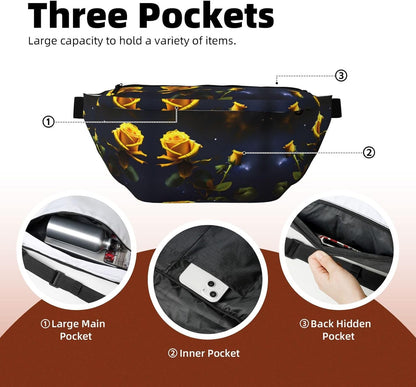 Yellow Roses Starry Night Running Waist Pack-No-Bounce Phone Holder for Gym, Waterproof Crossbody Fanny Pack with Adjustable Belt