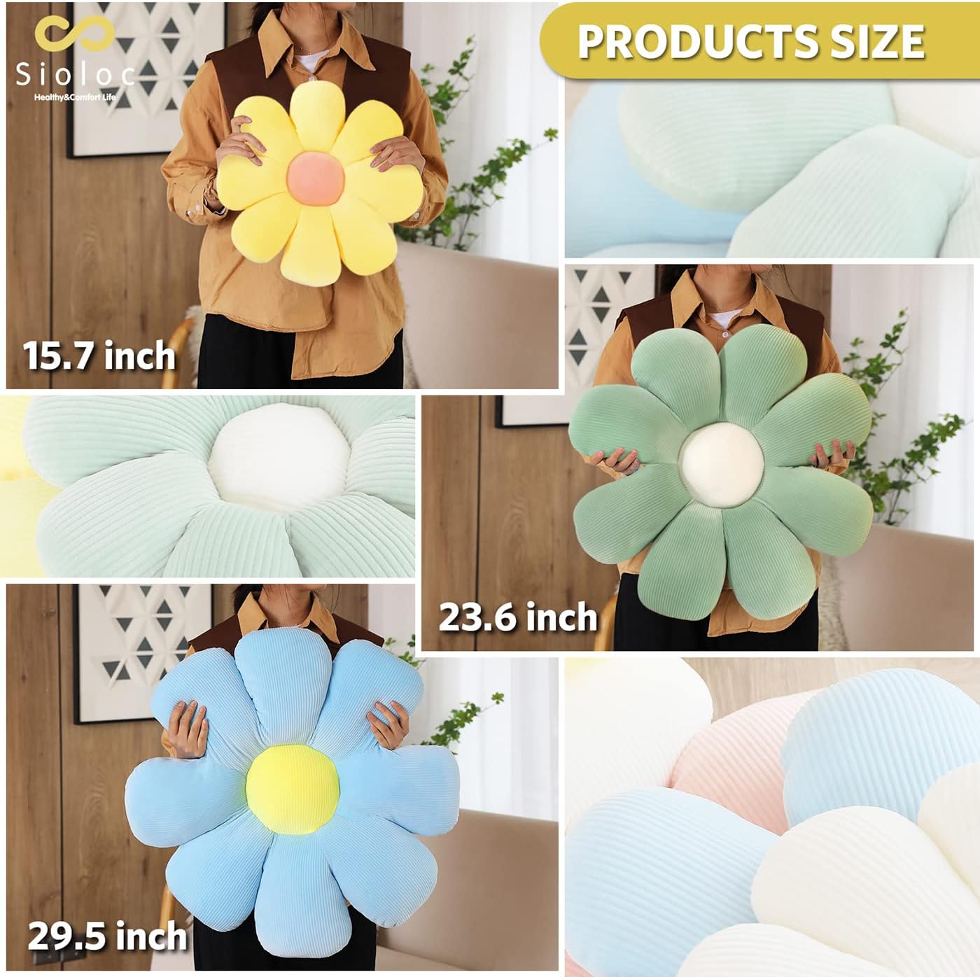 Sioloc Flower Shaped Throw Pillow, Yellow, 29.5" (Flower, Plush, Soft & Comfortable, Decorative, Premium Quality, Multi-Purpose, Washable, Indoor, Holiday Theme)