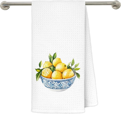 Chinoiserie Lemon Kitchen Towels, Italian Kitchen Decor, Blue and Yellow Mediterranean Italian Lemon Decorative Dish Tea Hand Towels for Bathroom, 16x24 Inches