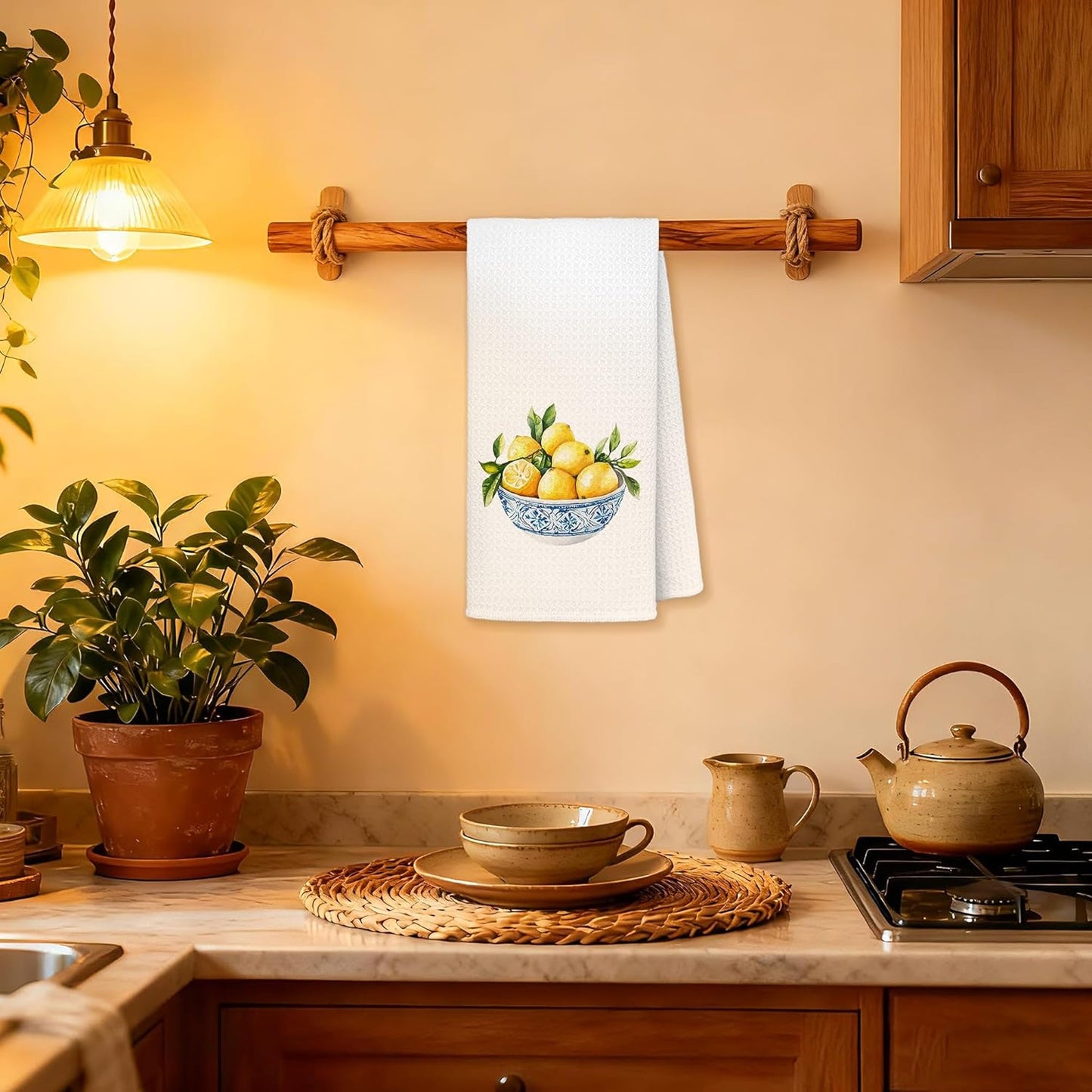 Chinoiserie Lemon Kitchen Towels, Italian Kitchen Decor, Blue and Yellow Mediterranean Italian Lemon Decorative Dish Tea Hand Towels for Bathroom, 16x24 Inches