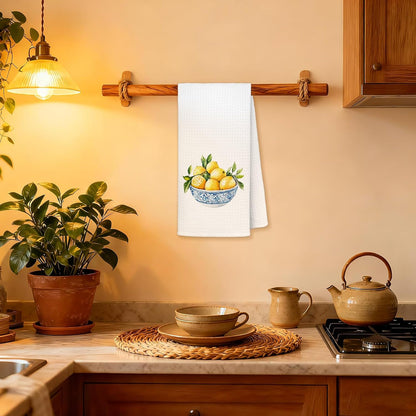 Chinoiserie Lemon Kitchen Towels, Italian Kitchen Decor, Blue and Yellow Mediterranean Italian Lemon Decorative Dish Tea Hand Towels for Bathroom, 16x24 Inches
