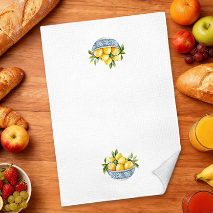 Chinoiserie Lemon Kitchen Towels, Italian Kitchen Decor, Blue and Yellow Mediterranean Italian Lemon Decorative Dish Tea Hand Towels for Bathroom, 16x24 Inches