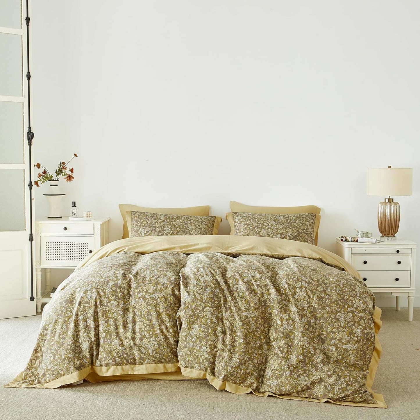 Yellow Botanical Duvet Cover Queen 100% Cotton 3 Pcs Set 1 Vintage Taupe Flower Duvet Cover with Zipper Ties 2 Pillow Shams Boho Floral Ruffle Wide Trim Bedding Set Soft