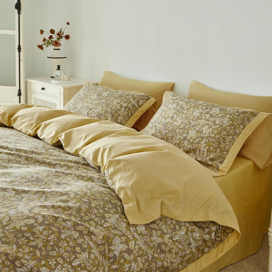 Yellow Botanical Duvet Cover Queen 100% Cotton 3 Pcs Set 1 Vintage Taupe Flower Duvet Cover with Zipper Ties 2 Pillow Shams Boho Floral Ruffle Wide Trim Bedding Set Soft