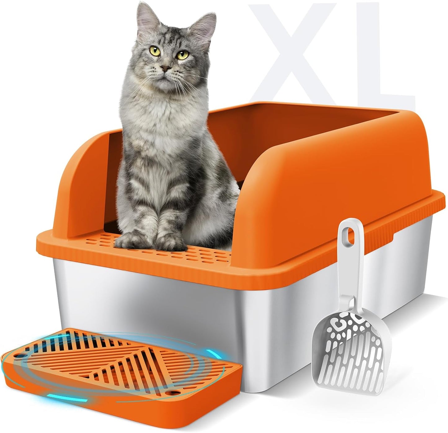 XL Enclosed Stainless Steel Cat Litter Box for Big Cats | High-Side Anti-Leakage Stainless Steel Litter Box, Non-Sticky, Easy-Clean, Less Tracking for Multi-Cat Homes, Orange