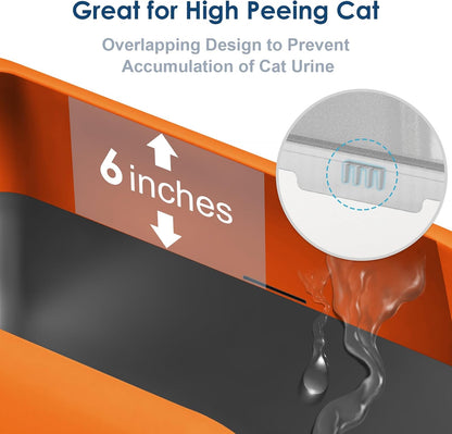 XL Enclosed Stainless Steel Cat Litter Box for Big Cats | High-Side Anti-Leakage Stainless Steel Litter Box, Non-Sticky, Easy-Clean, Less Tracking for Multi-Cat Homes, Orange