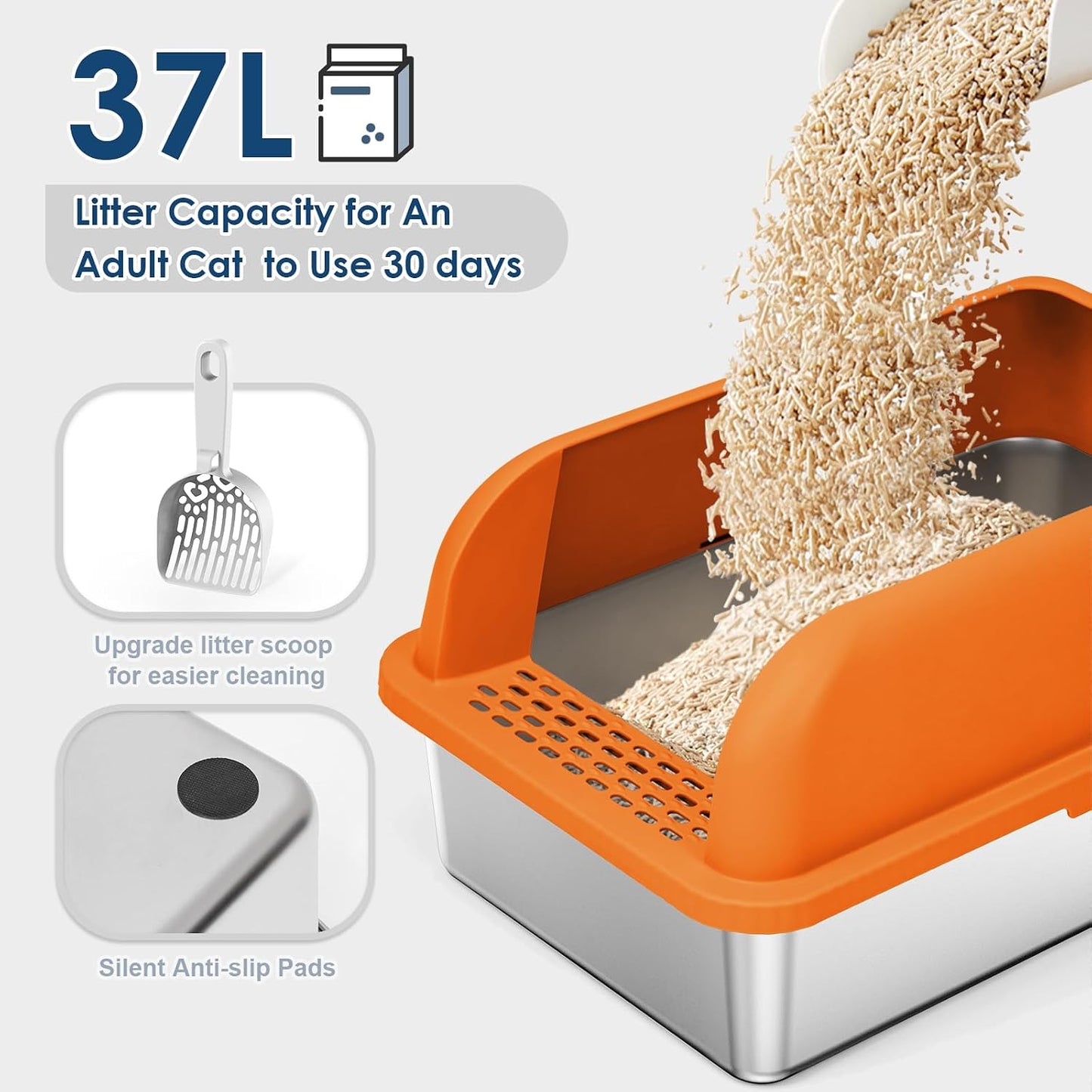 XL Enclosed Stainless Steel Cat Litter Box for Big Cats | High-Side Anti-Leakage Stainless Steel Litter Box, Non-Sticky, Easy-Clean, Less Tracking for Multi-Cat Homes, Orange