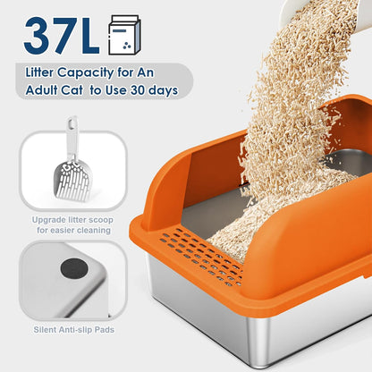 XL Enclosed Stainless Steel Cat Litter Box for Big Cats | High-Side Anti-Leakage Stainless Steel Litter Box, Non-Sticky, Easy-Clean, Less Tracking for Multi-Cat Homes, Orange