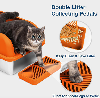 XL Enclosed Stainless Steel Cat Litter Box for Big Cats | High-Side Anti-Leakage Stainless Steel Litter Box, Non-Sticky, Easy-Clean, Less Tracking for Multi-Cat Homes, Orange