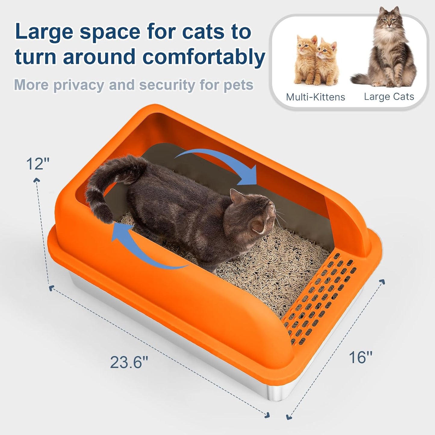 XL Enclosed Stainless Steel Cat Litter Box for Big Cats | High-Side Anti-Leakage Stainless Steel Litter Box, Non-Sticky, Easy-Clean, Less Tracking for Multi-Cat Homes, Orange