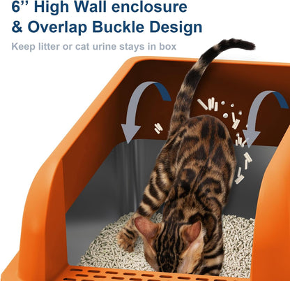 XL Enclosed Stainless Steel Cat Litter Box for Big Cats | High-Side Anti-Leakage Stainless Steel Litter Box, Non-Sticky, Easy-Clean, Less Tracking for Multi-Cat Homes, Orange