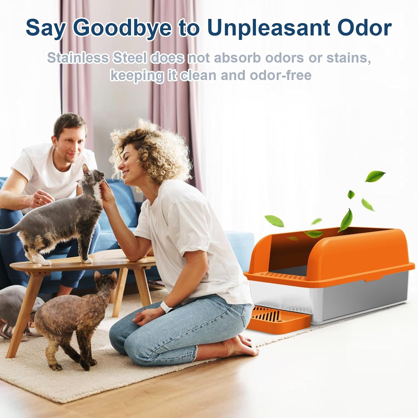 XL Enclosed Stainless Steel Cat Litter Box for Big Cats | High-Side Anti-Leakage Stainless Steel Litter Box, Non-Sticky, Easy-Clean, Less Tracking for Multi-Cat Homes, Orange