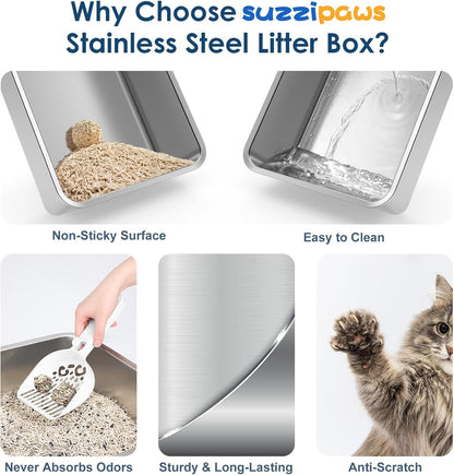XL Enclosed Stainless Steel Cat Litter Box for Big Cats | High-Side Anti-Leakage Stainless Steel Litter Box, Non-Sticky, Easy-Clean, Less Tracking for Multi-Cat Homes, Orange
