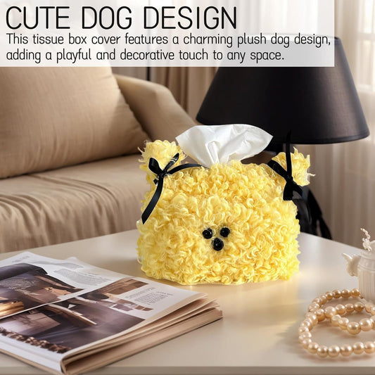 Plush Dog Tissue Box Cover - Cartoon Animal Paper Container for Home, Car, and Office Decor (Yellow)