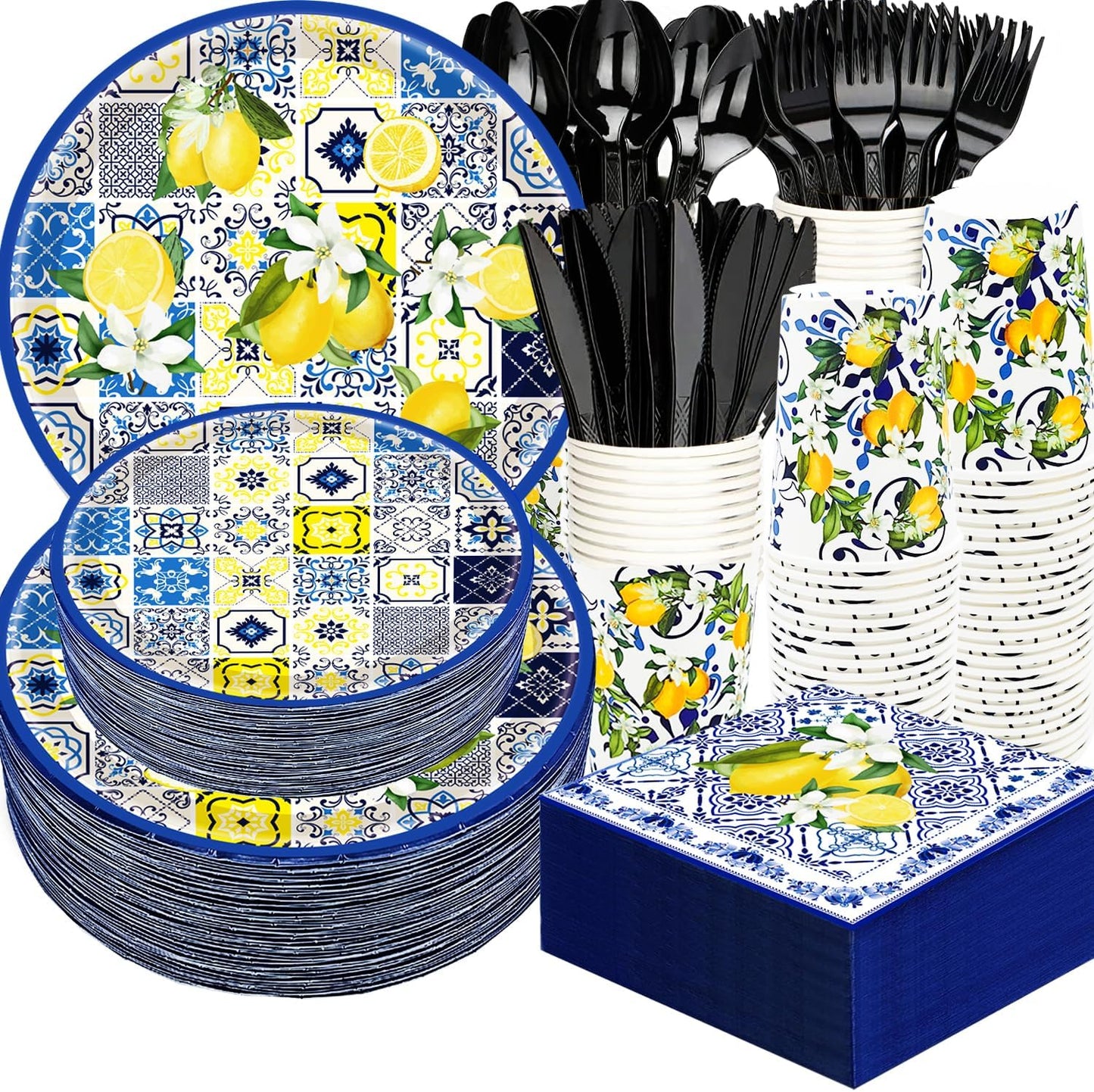 175Pcs Capri Lemon Party Supplies Blue Tiles Yellow Lemon Party Tableware Set 9"& 7"Lemon Citrus Fruit Paper Plates Napkins Cup Knive Fork Spoon for Lemon Birthday Party Decorations Serves 25