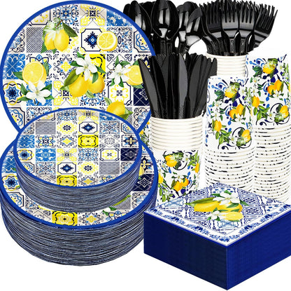 175Pcs Capri Lemon Party Supplies Blue Tiles Yellow Lemon Party Tableware Set 9"& 7"Lemon Citrus Fruit Paper Plates Napkins Cup Knive Fork Spoon for Lemon Birthday Party Decorations Serves 25