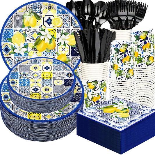 175Pcs Capri Lemon Party Supplies Blue Tiles Yellow Lemon Party Tableware Set 9"& 7"Lemon Citrus Fruit Paper Plates Napkins Cup Knive Fork Spoon for Lemon Birthday Party Decorations Serves 25