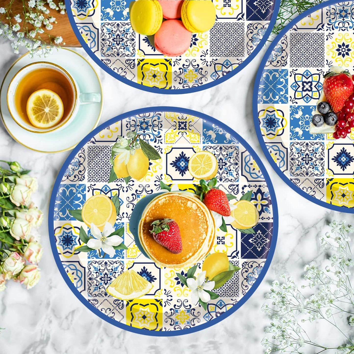 175Pcs Capri Lemon Party Supplies Blue Tiles Yellow Lemon Party Tableware Set 9"& 7"Lemon Citrus Fruit Paper Plates Napkins Cup Knive Fork Spoon for Lemon Birthday Party Decorations Serves 25