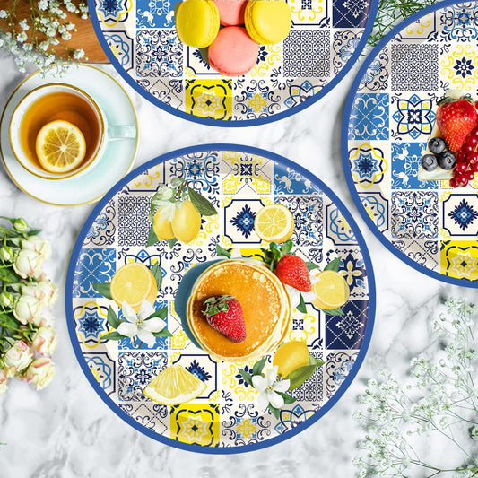 175Pcs Capri Lemon Party Supplies Blue Tiles Yellow Lemon Party Tableware Set 9"& 7"Lemon Citrus Fruit Paper Plates Napkins Cup Knive Fork Spoon for Lemon Birthday Party Decorations Serves 25
