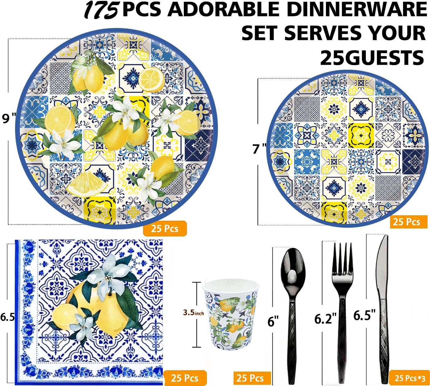 175Pcs Capri Lemon Party Supplies Blue Tiles Yellow Lemon Party Tableware Set 9"& 7"Lemon Citrus Fruit Paper Plates Napkins Cup Knive Fork Spoon for Lemon Birthday Party Decorations Serves 25