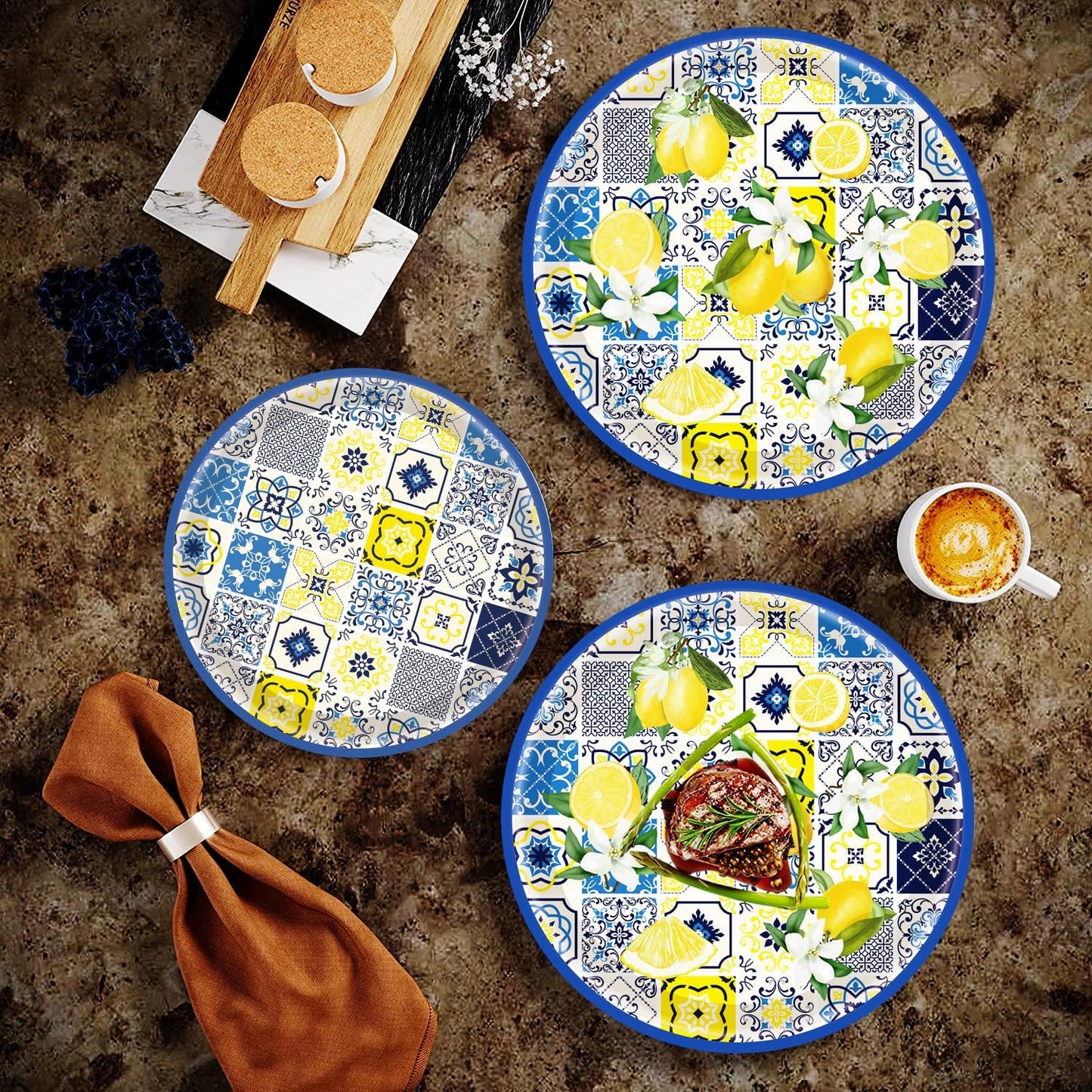 175Pcs Capri Lemon Party Supplies Blue Tiles Yellow Lemon Party Tableware Set 9"& 7"Lemon Citrus Fruit Paper Plates Napkins Cup Knive Fork Spoon for Lemon Birthday Party Decorations Serves 25