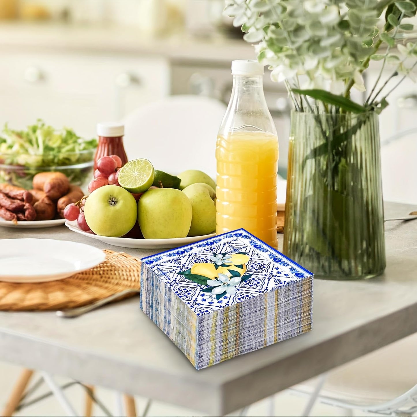 175Pcs Capri Lemon Party Supplies Blue Tiles Yellow Lemon Party Tableware Set 9"& 7"Lemon Citrus Fruit Paper Plates Napkins Cup Knive Fork Spoon for Lemon Birthday Party Decorations Serves 25