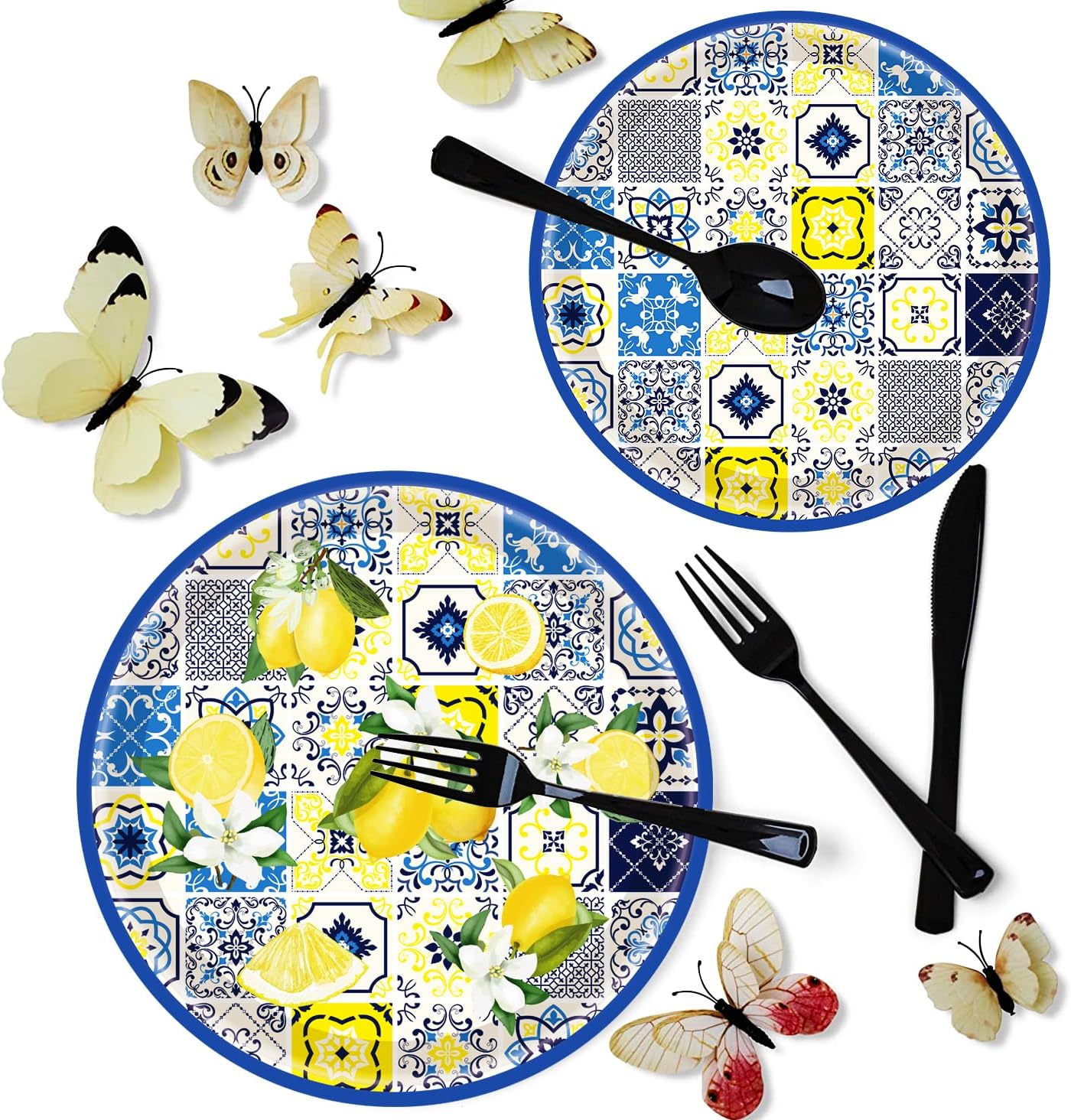 175Pcs Capri Lemon Party Supplies Blue Tiles Yellow Lemon Party Tableware Set 9"& 7"Lemon Citrus Fruit Paper Plates Napkins Cup Knive Fork Spoon for Lemon Birthday Party Decorations Serves 25