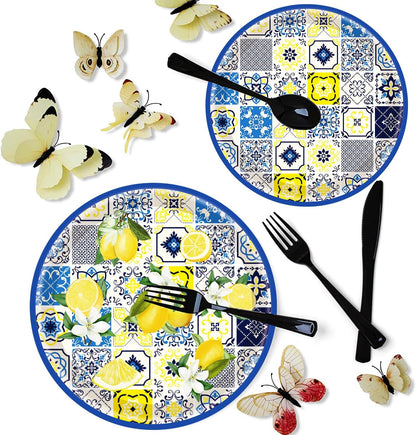 175Pcs Capri Lemon Party Supplies Blue Tiles Yellow Lemon Party Tableware Set 9"& 7"Lemon Citrus Fruit Paper Plates Napkins Cup Knive Fork Spoon for Lemon Birthday Party Decorations Serves 25