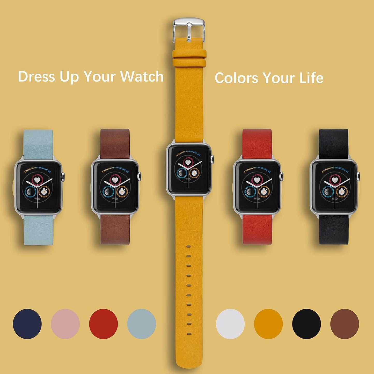 WOCCI 18mm Flexible Leather Watch Band for Smart Watch with Gold Buckle (Yellow)