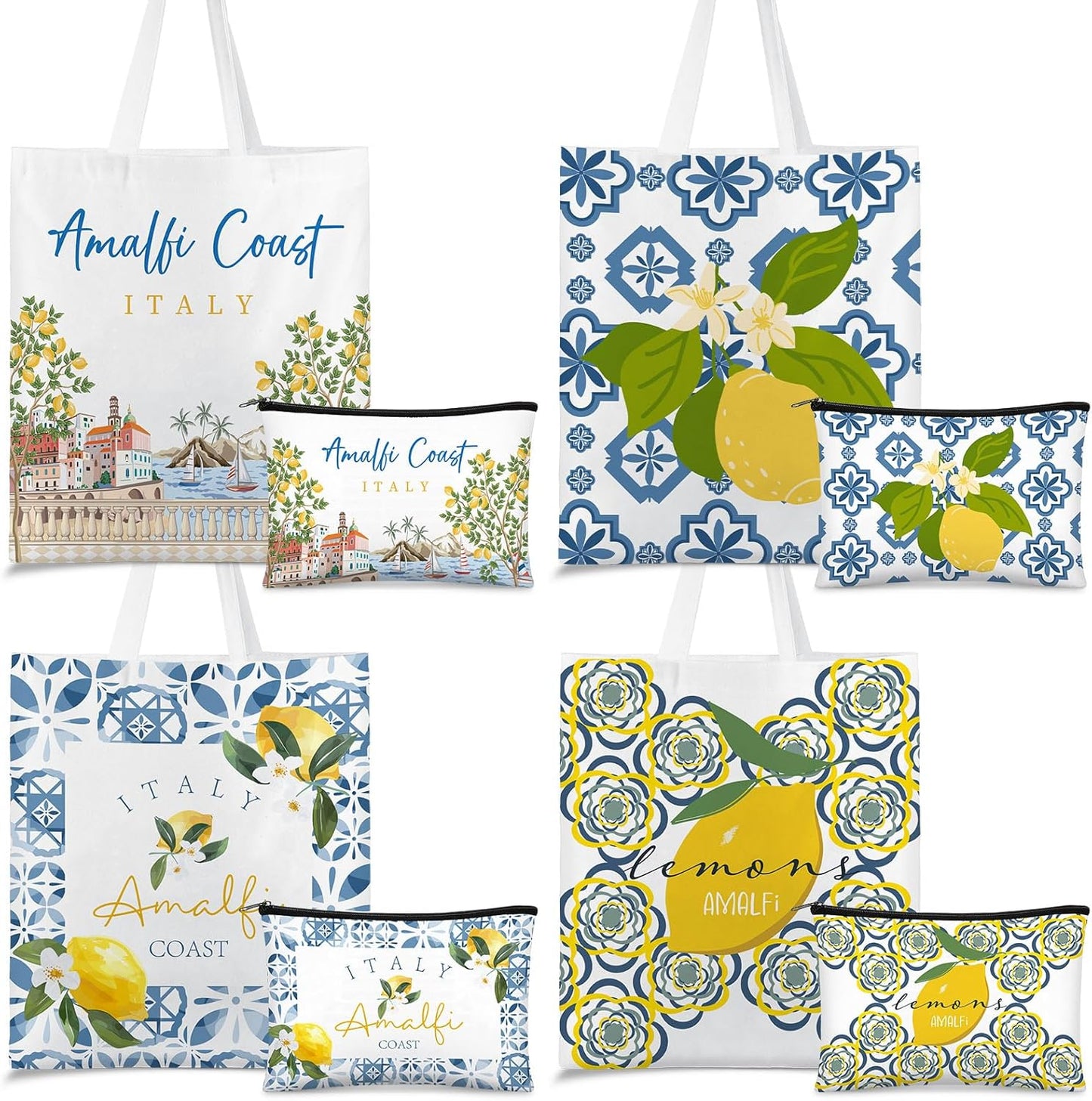 8 Pcs Amalfi Lemon Themed Gift Set - 4 Canvas Tote Bags and 4 Cosmetic Bags, Italy Amalfi Coast Lemon Pattern Travel Souvenirs, for Women, Friends, Lovers, Sisters, Lemons Enthusiasts