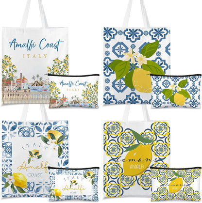 8 Pcs Amalfi Lemon Themed Gift Set - 4 Canvas Tote Bags and 4 Cosmetic Bags, Italy Amalfi Coast Lemon Pattern Travel Souvenirs, for Women, Friends, Lovers, Sisters, Lemons Enthusiasts