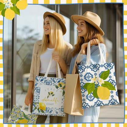 8 Pcs Amalfi Lemon Themed Gift Set - 4 Canvas Tote Bags and 4 Cosmetic Bags, Italy Amalfi Coast Lemon Pattern Travel Souvenirs, for Women, Friends, Lovers, Sisters, Lemons Enthusiasts