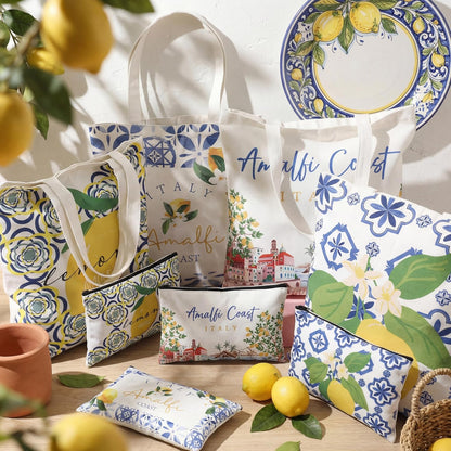 8 Pcs Amalfi Lemon Themed Gift Set - 4 Canvas Tote Bags and 4 Cosmetic Bags, Italy Amalfi Coast Lemon Pattern Travel Souvenirs, for Women, Friends, Lovers, Sisters, Lemons Enthusiasts