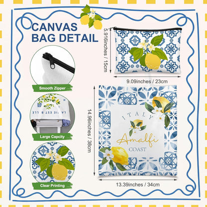 8 Pcs Amalfi Lemon Themed Gift Set - 4 Canvas Tote Bags and 4 Cosmetic Bags, Italy Amalfi Coast Lemon Pattern Travel Souvenirs, for Women, Friends, Lovers, Sisters, Lemons Enthusiasts