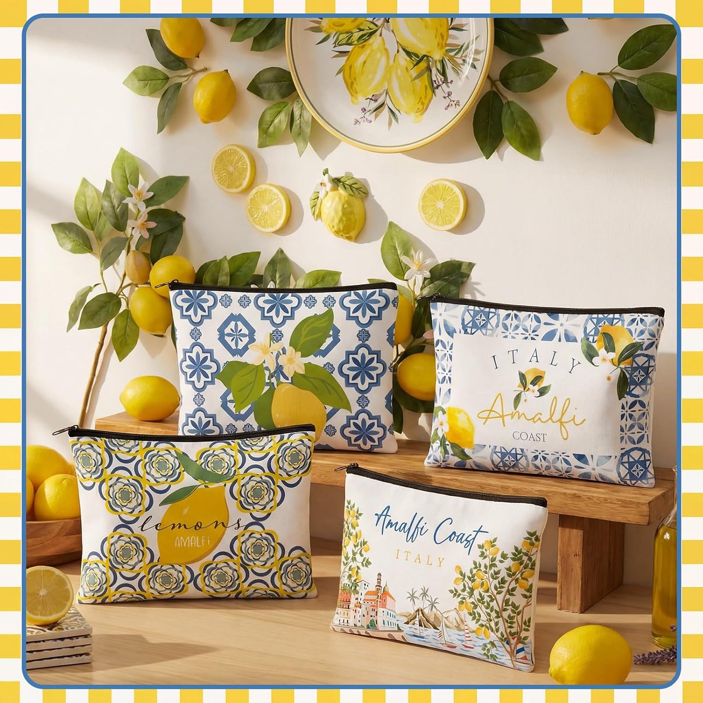 8 Pcs Amalfi Lemon Themed Gift Set - 4 Canvas Tote Bags and 4 Cosmetic Bags, Italy Amalfi Coast Lemon Pattern Travel Souvenirs, for Women, Friends, Lovers, Sisters, Lemons Enthusiasts