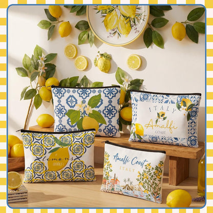 8 Pcs Amalfi Lemon Themed Gift Set - 4 Canvas Tote Bags and 4 Cosmetic Bags, Italy Amalfi Coast Lemon Pattern Travel Souvenirs, for Women, Friends, Lovers, Sisters, Lemons Enthusiasts