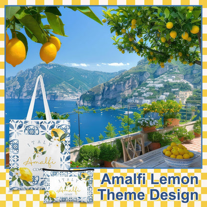 8 Pcs Amalfi Lemon Themed Gift Set - 4 Canvas Tote Bags and 4 Cosmetic Bags, Italy Amalfi Coast Lemon Pattern Travel Souvenirs, for Women, Friends, Lovers, Sisters, Lemons Enthusiasts