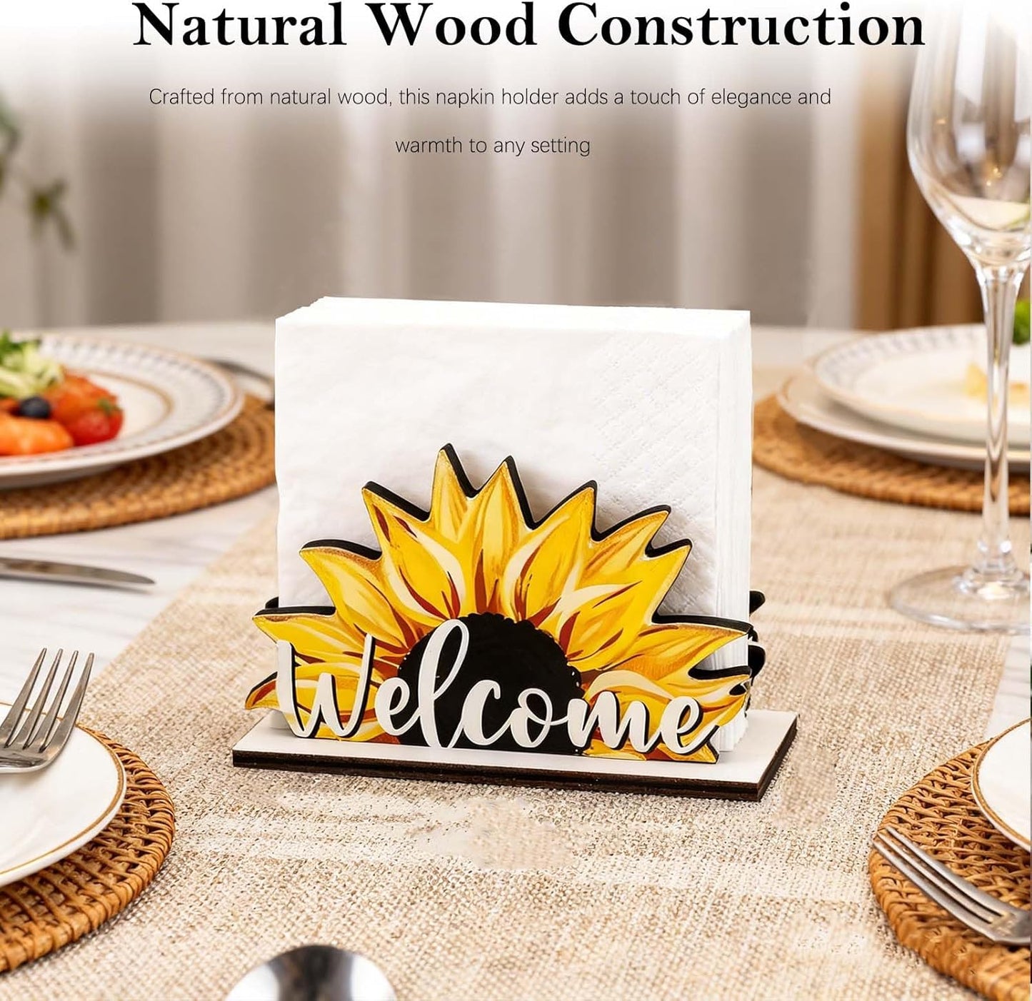Charming Natural Wood Napkin Holder for Table | Disposable Tissue Dispenser with Summer Fruit and Bee Design | for Kitchen, Dining, Party, and Restaurant Decor (Yellow Lemon)