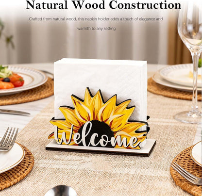 Charming Natural Wood Napkin Holder for Table | Disposable Tissue Dispenser with Summer Fruit and Bee Design | for Kitchen, Dining, Party, and Restaurant Decor (Yellow Lemon)