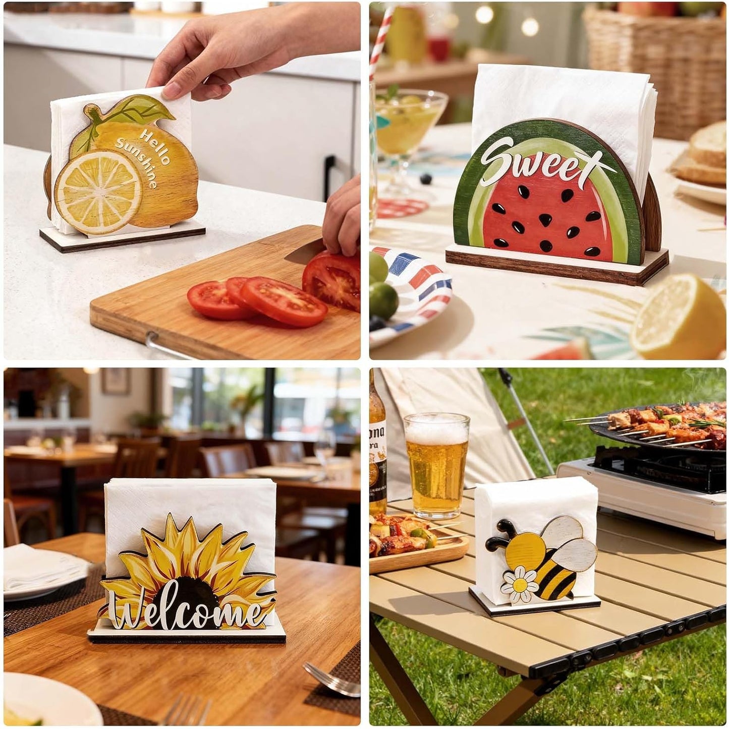 Charming Natural Wood Napkin Holder for Table | Disposable Tissue Dispenser with Summer Fruit and Bee Design | for Kitchen, Dining, Party, and Restaurant Decor (Yellow Lemon)