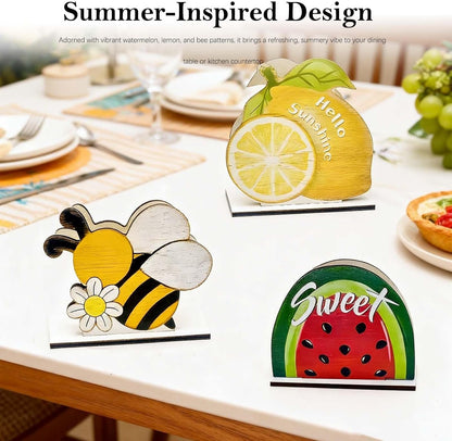 Charming Natural Wood Napkin Holder for Table | Disposable Tissue Dispenser with Summer Fruit and Bee Design | for Kitchen, Dining, Party, and Restaurant Decor (Yellow Lemon)